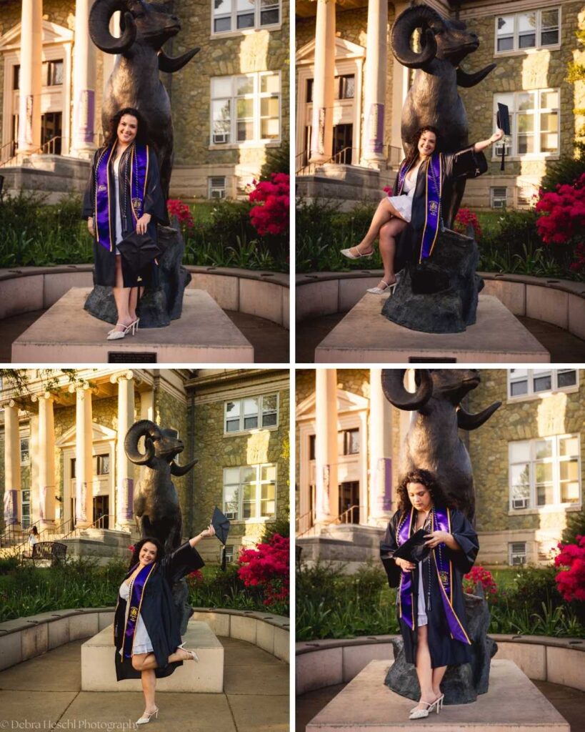  Miranda celebrating graduation at the West Chester University Ram statue in cap and gown.