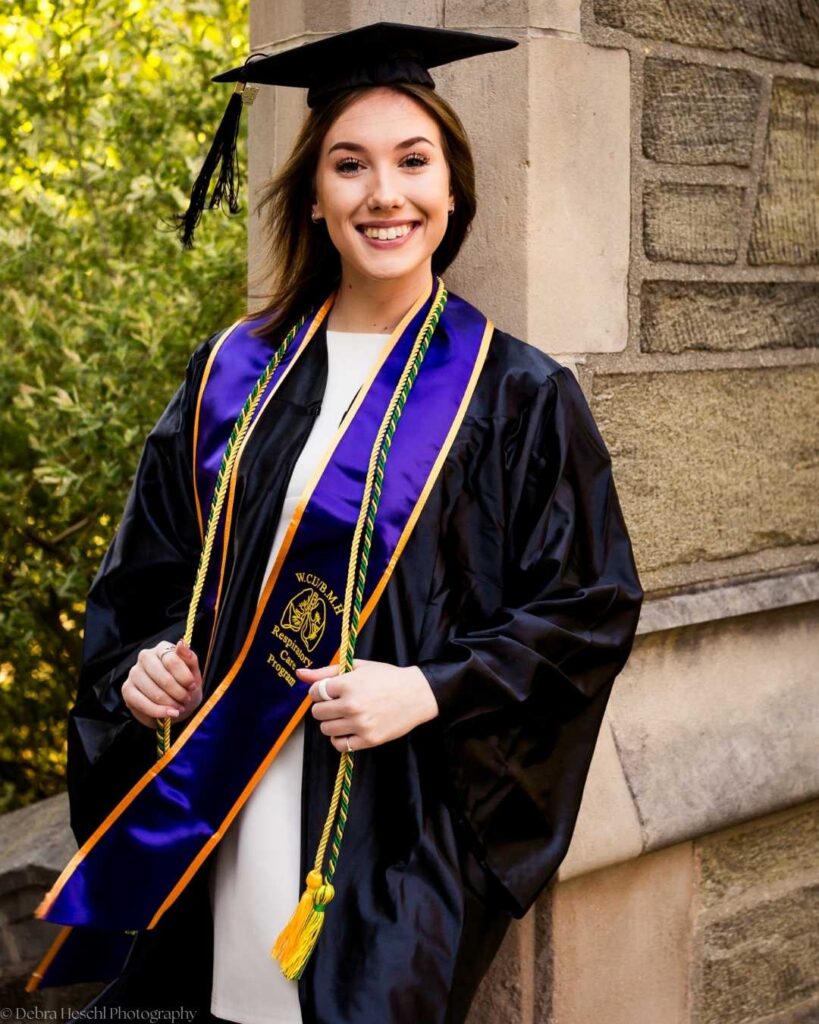 Close-up of Leah's West Chester University Respiratory Care Program stole and honor cords during her graduation portrait session.