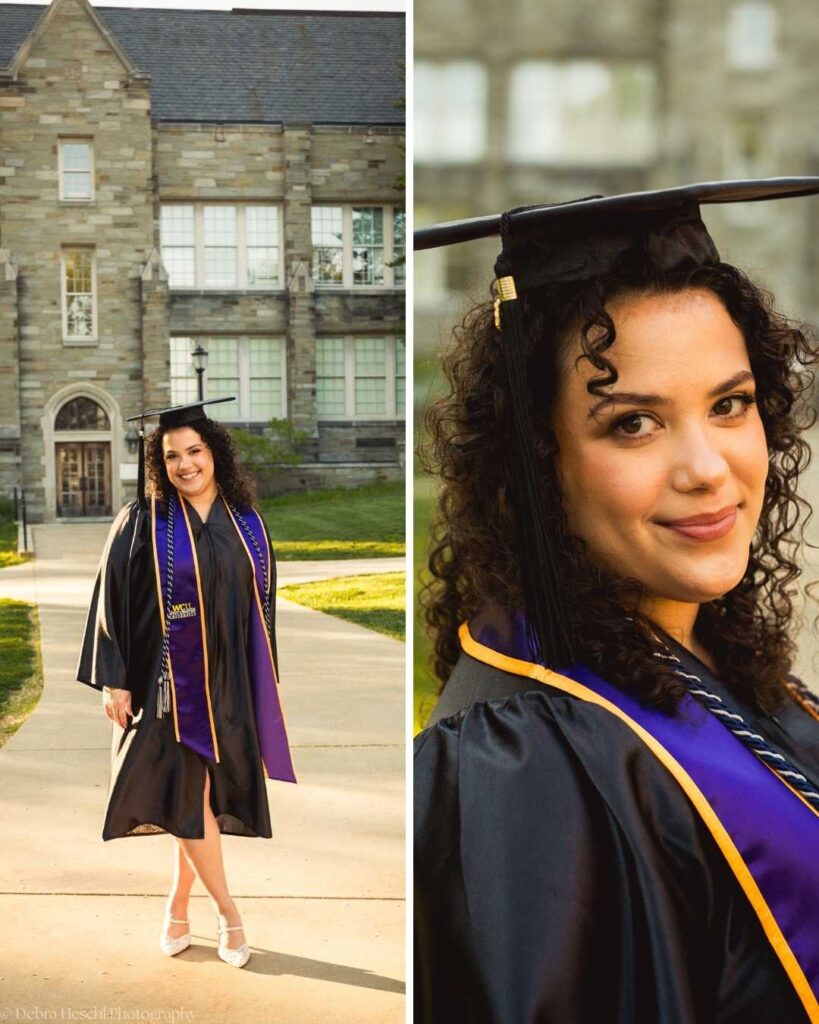 West Chester University Respiratory Therapy graduate in cap, gown, and honor stoles on campus.