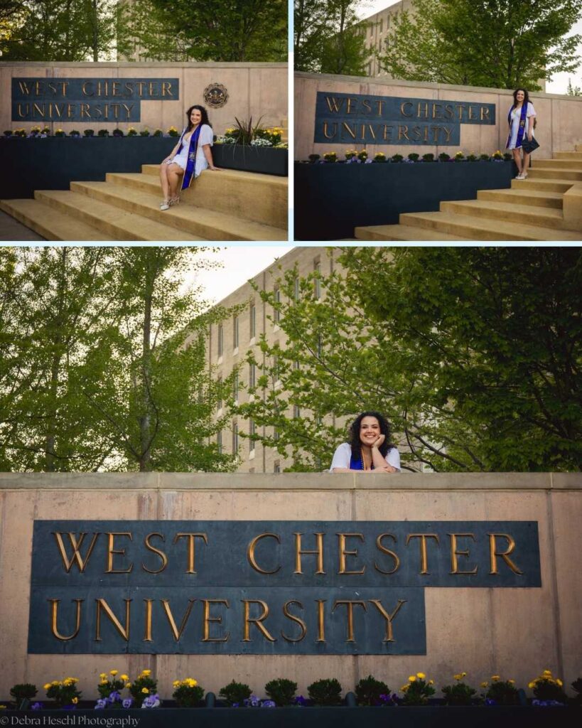 Miranda posing by the West Chester University sign for graduation portraits.