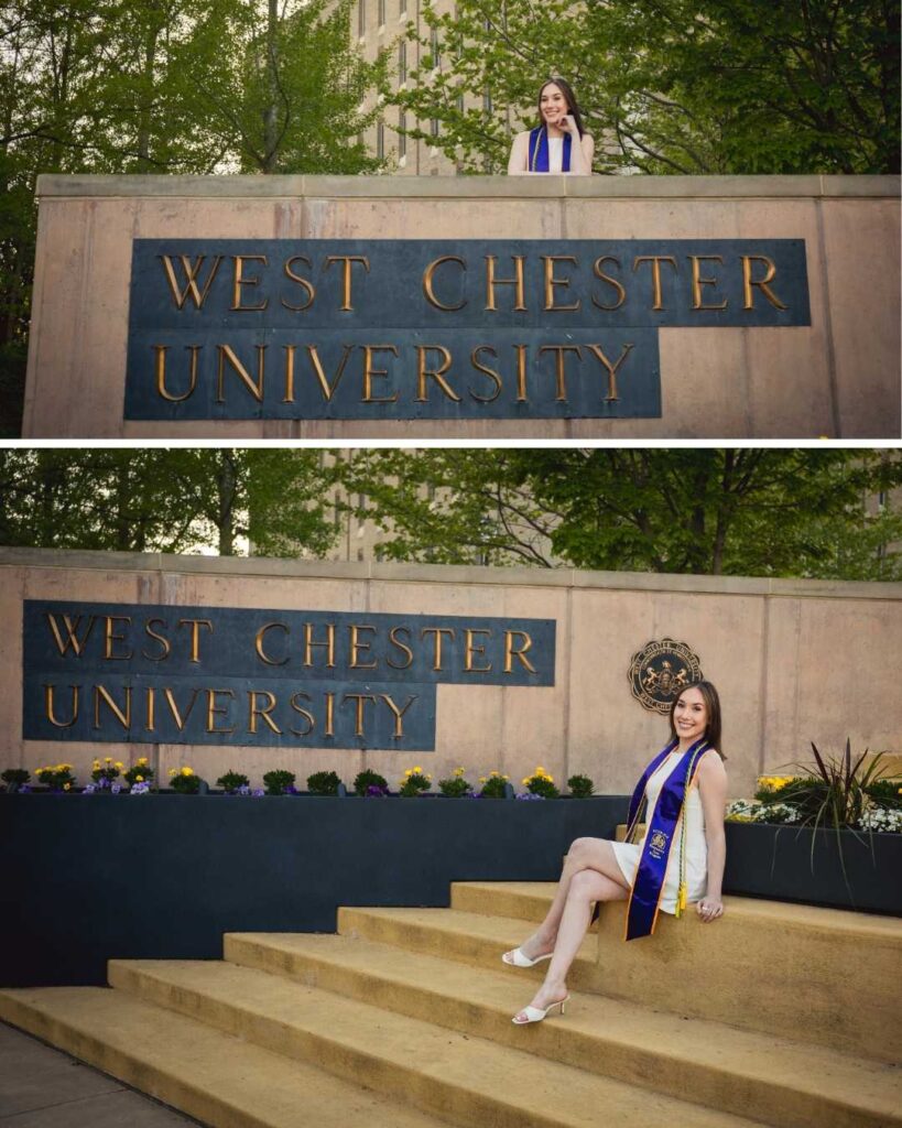 Leah poses by the West Chester University entrance sign in her cap, gown, and honor cords to celebrate graduation.