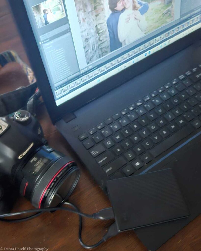 What to expect after your photo session: editing your images in Lightroom on a laptop with Canon camera and backup hard drive.