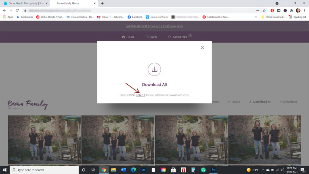 Enter PIN link in client gallery Download All popup window.