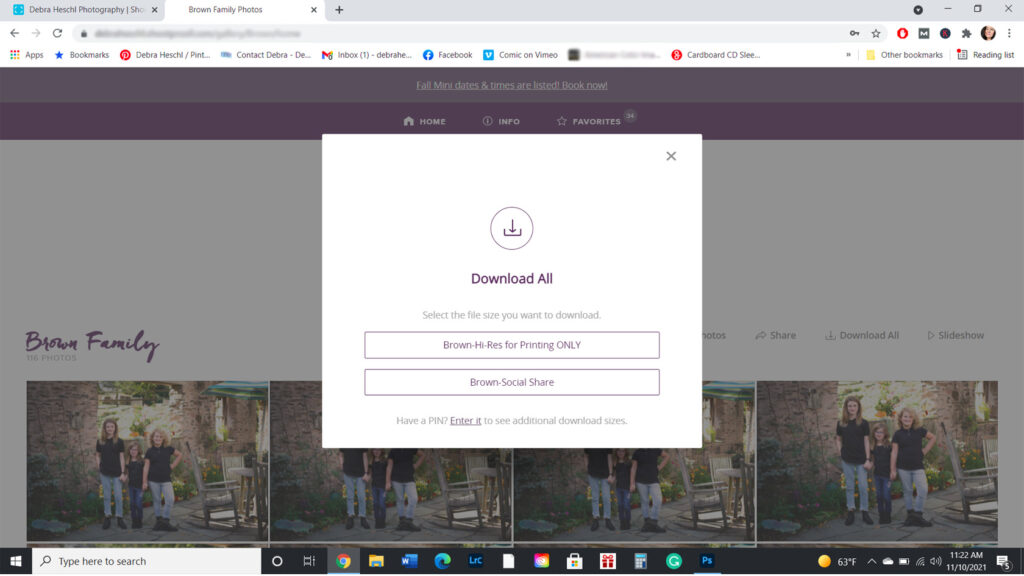 Hi-Res for printing and social share download size options in client gallery.