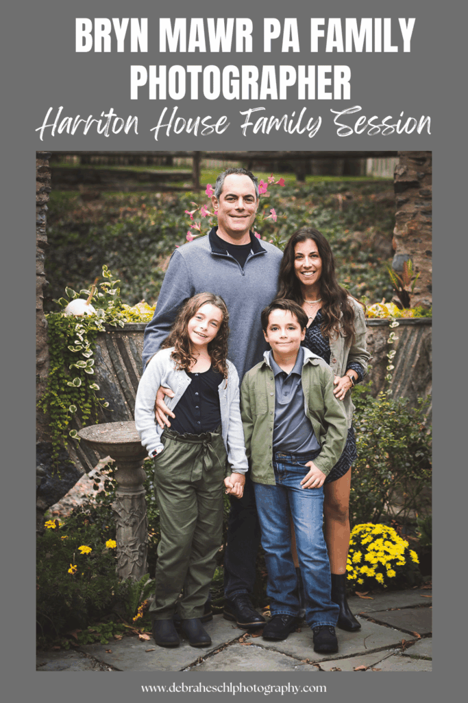 Pinterest pin titled Bryn Mawr PA Family Photographer | Harriton House Family Session ' featuring parents with their twins for a family session.