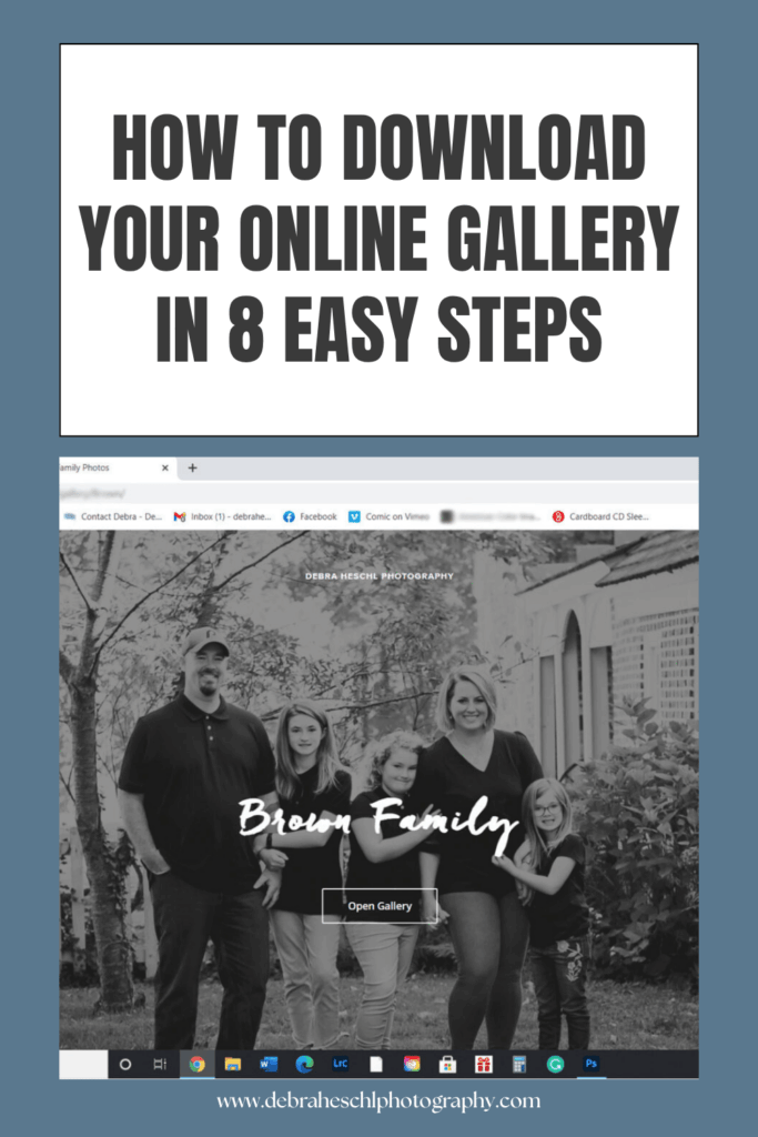 How to download your online gallery in 8 easy steps – screenshot of a family photography online gallery with 'Open Gallery' button, Debra Heschl Photography client gallery guide.