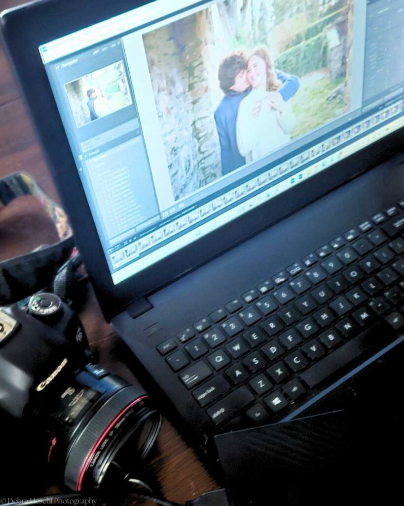 Camera and laptop on a desk representing the professional photography editing workflow.