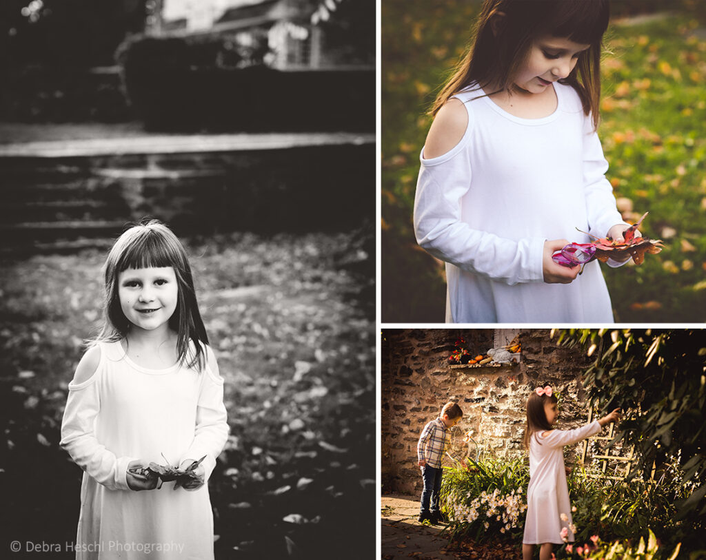 Collage of a young girl playing with fall leaves in a black and white portrait, a girl in a white cold-shoulder dress examining leaves, and two siblings exploring a stone garden wall at Harriton House in Bryn Mawr, PA