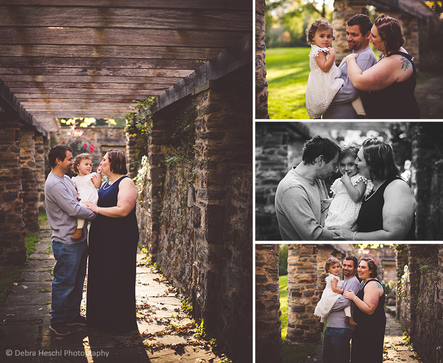 Collage of a family of three smiling together under a wooden pergola and in a black and white portrait at Harriton House in Bryn Mawr, PA