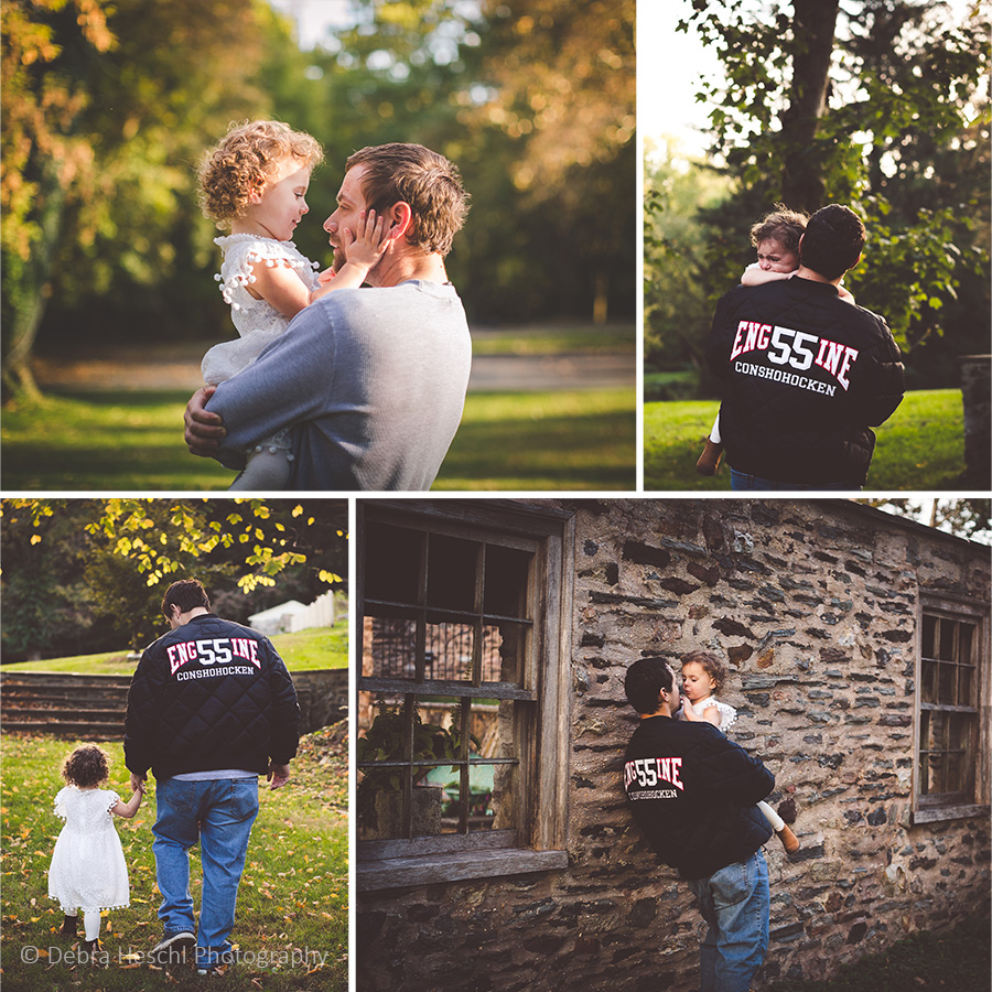 Collage of a father in a Conshohocken firefighter jacket holding and walking with his toddler daughter through the grounds of Harriton House in Bryn Mawr, PA