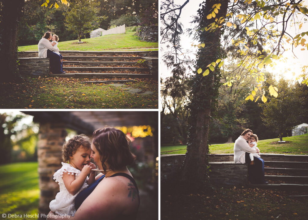 Collage of a mother embracing her toddler daughter on stone steps, under golden autumn trees, and beneath a stone archway at Harriton House in Bryn Mawr, PA