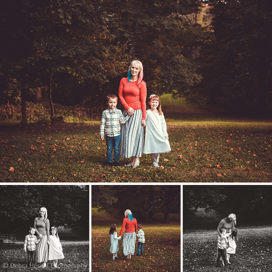 Collage of a mother holding hands with her two children while walking through a wooded clearing at Harriton House, shown in color and black and white.