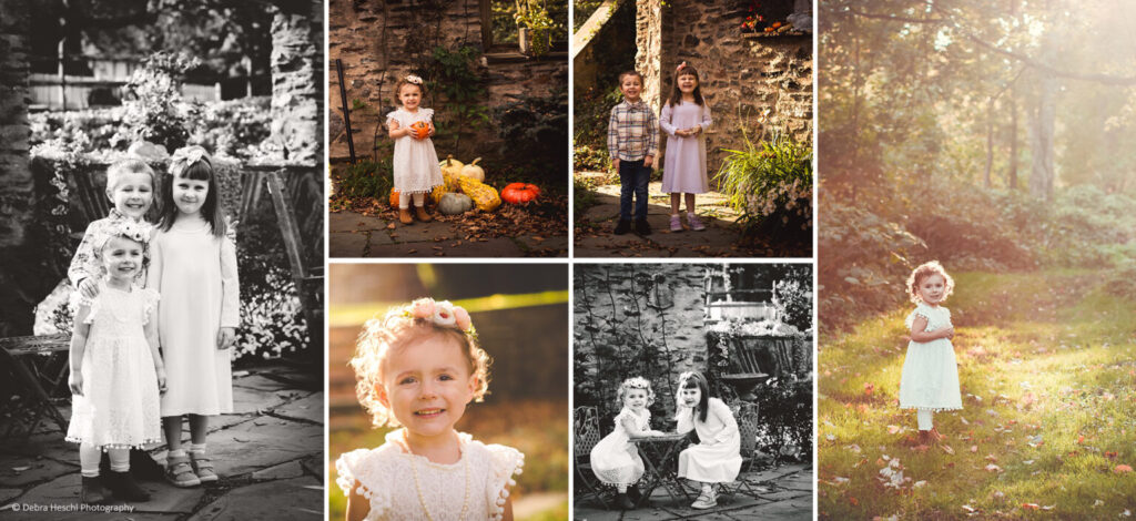 Collage of three siblings posing with mini pumpkins, a girl in a flower crown smiling in golden light, and siblings seated together at a small garden table at Harriton House in Bryn Mawr, PA