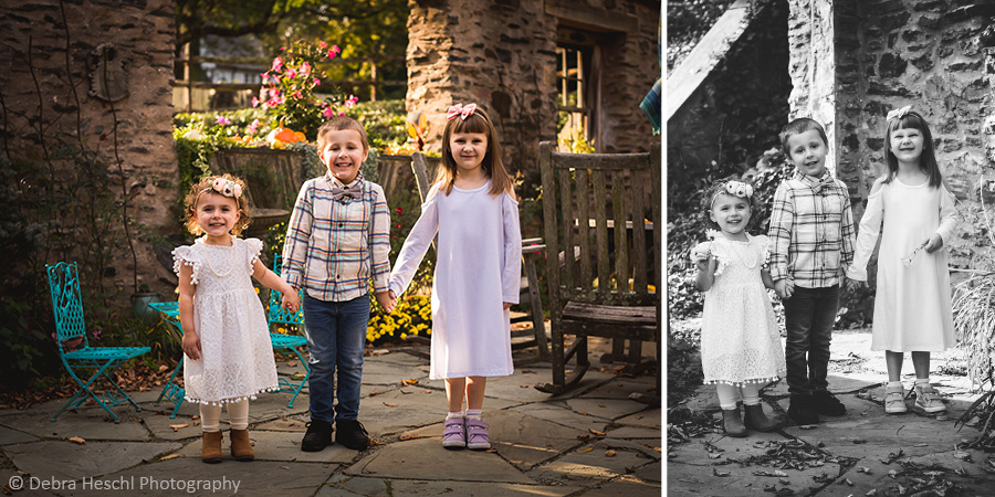 Three siblings holding hands and smiling in a stone garden courtyard at Harriton House, shown in color and black and white