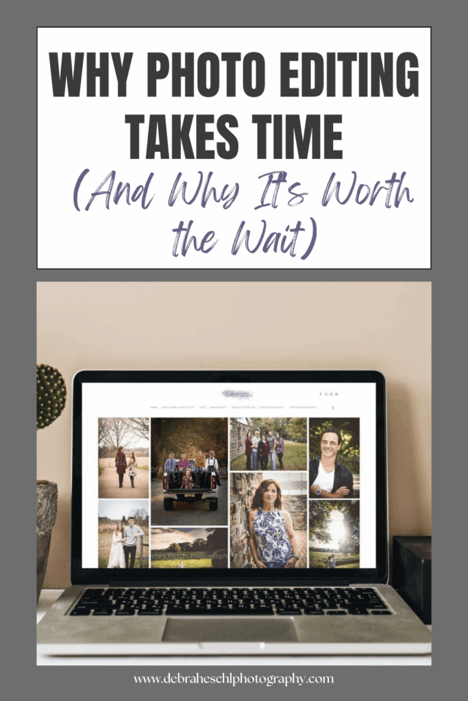 Laptop screen displaying the Debra Heschl Photography website in a photographer's workspace, showing a gallery of family portraits.