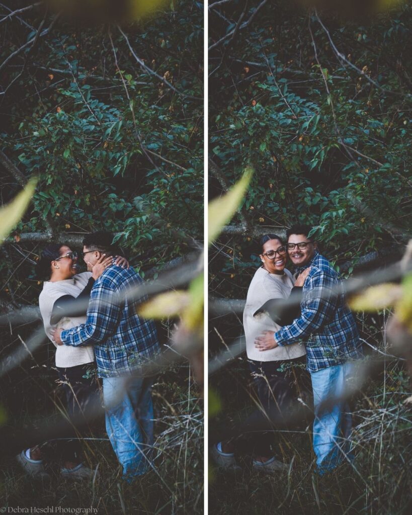 Two candid photos of Hannah and Richard laughing and hugging, framed by green leaves during their Manor House fall session.