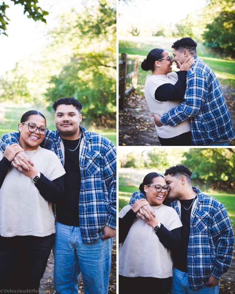 Collage of Hannah and Richard laughing, embracing, and sharing a kiss during their fall couples photo session at Manor House.