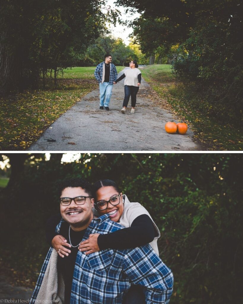 Hannah and Richard walking hand in hand past two pumpkins on a tree-lined path, plus a playful piggyback hug.