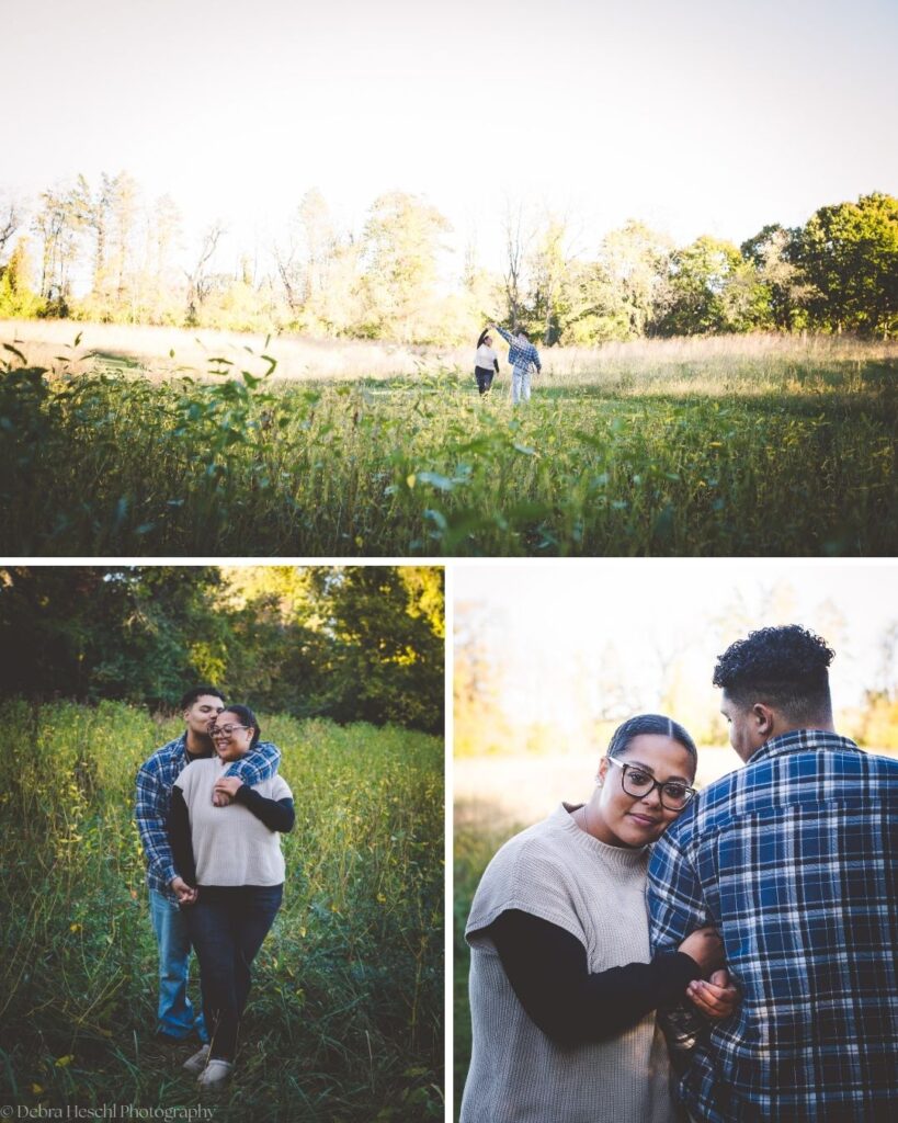 Collage of Hannah and Richard twirling in a meadow, sharing a forehead kiss, and leaning close at golden hour.