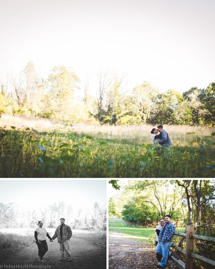 Collage of Hannah and Richard kissing in a golden field, holding hands in black and white, and leaning on a wooden fence.