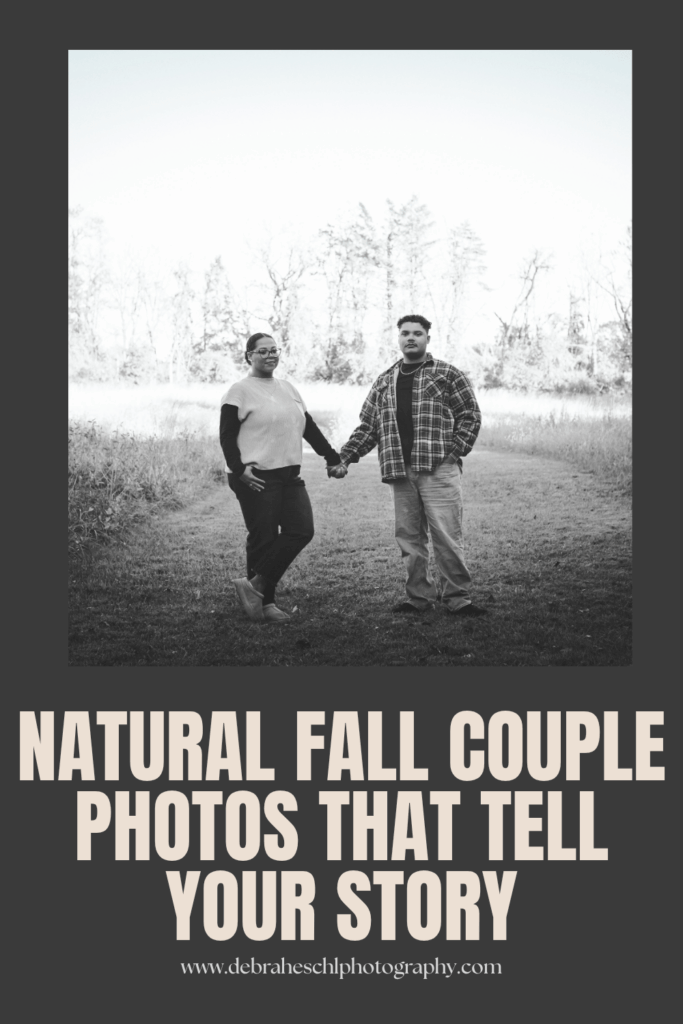 A Pinterest Pint titled “Natural Fall Couple Photos That Tell Your Story” with a blac and white image of a young couple in a meadow.